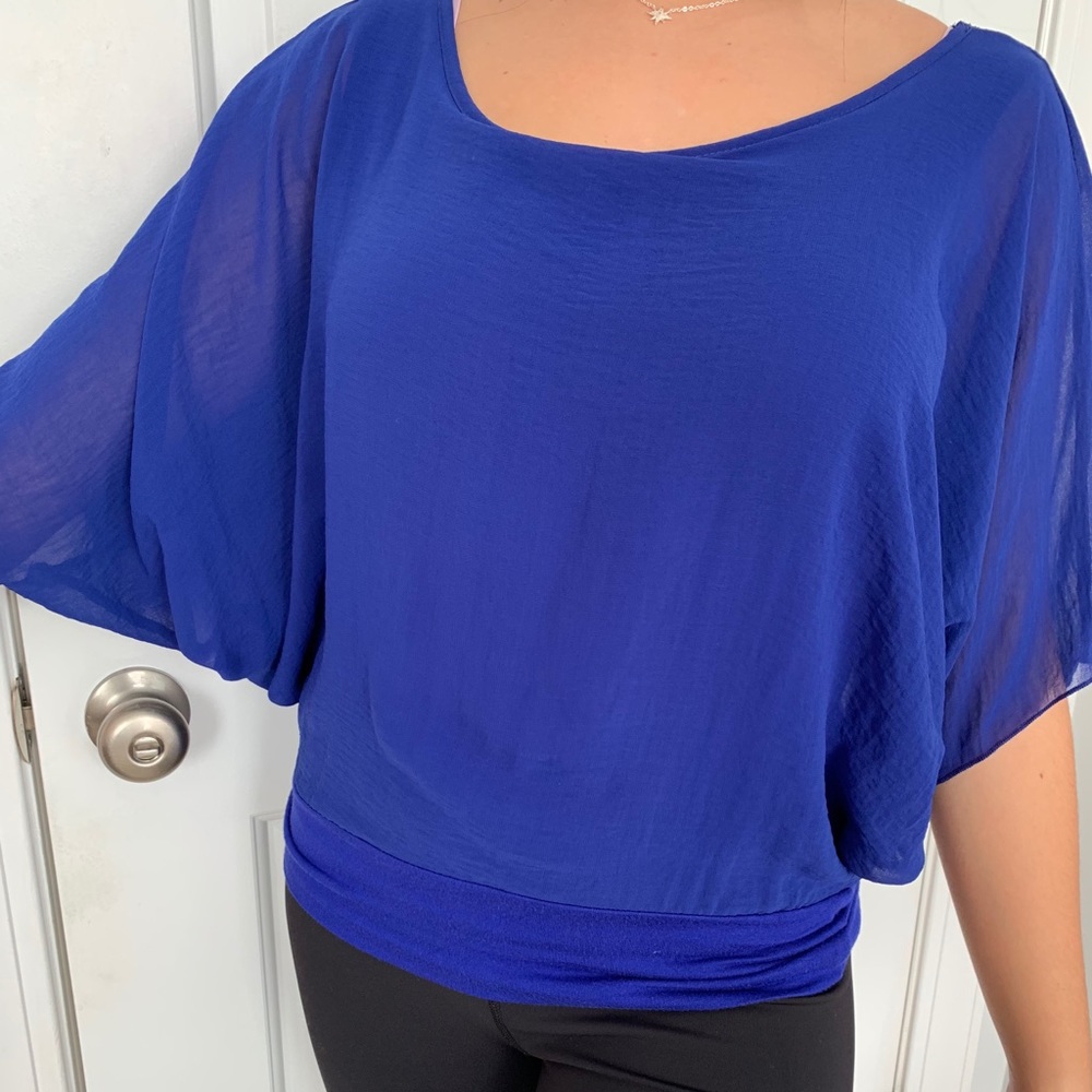 Electric blue top with sheer butterfly sleeve